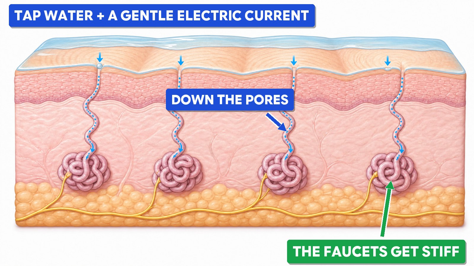 Tap water and a gentle electric current go down the pores, the faucets get stiff